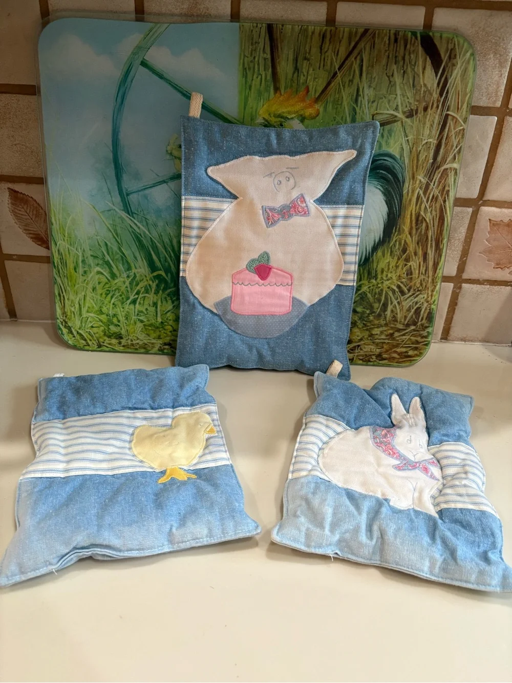 Blue Bunny, Chicken, Piggy Farm Animal  Kitchen Serving Mitts